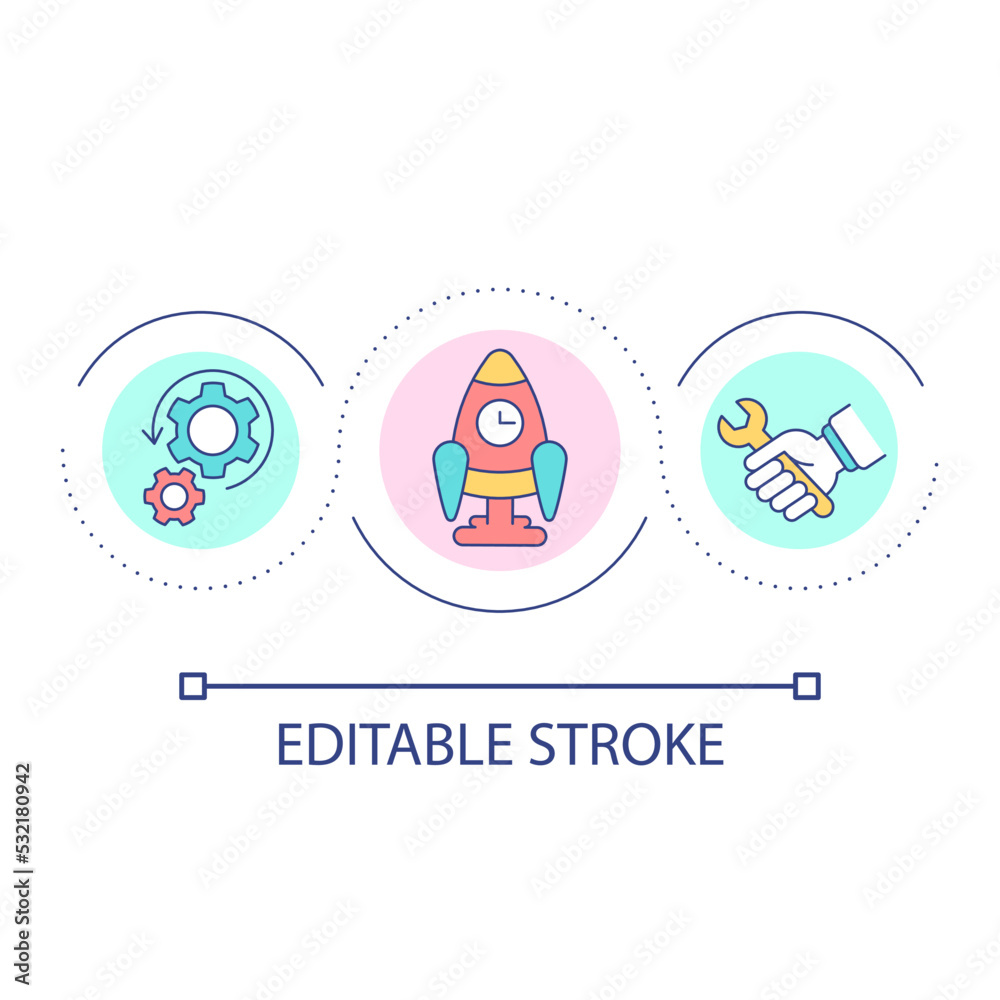 Startup settings loop concept icon. Technology for business beginning. Successful boosting abstract idea thin line illustration. Isolated outline drawing. Editable stroke. Arial font used