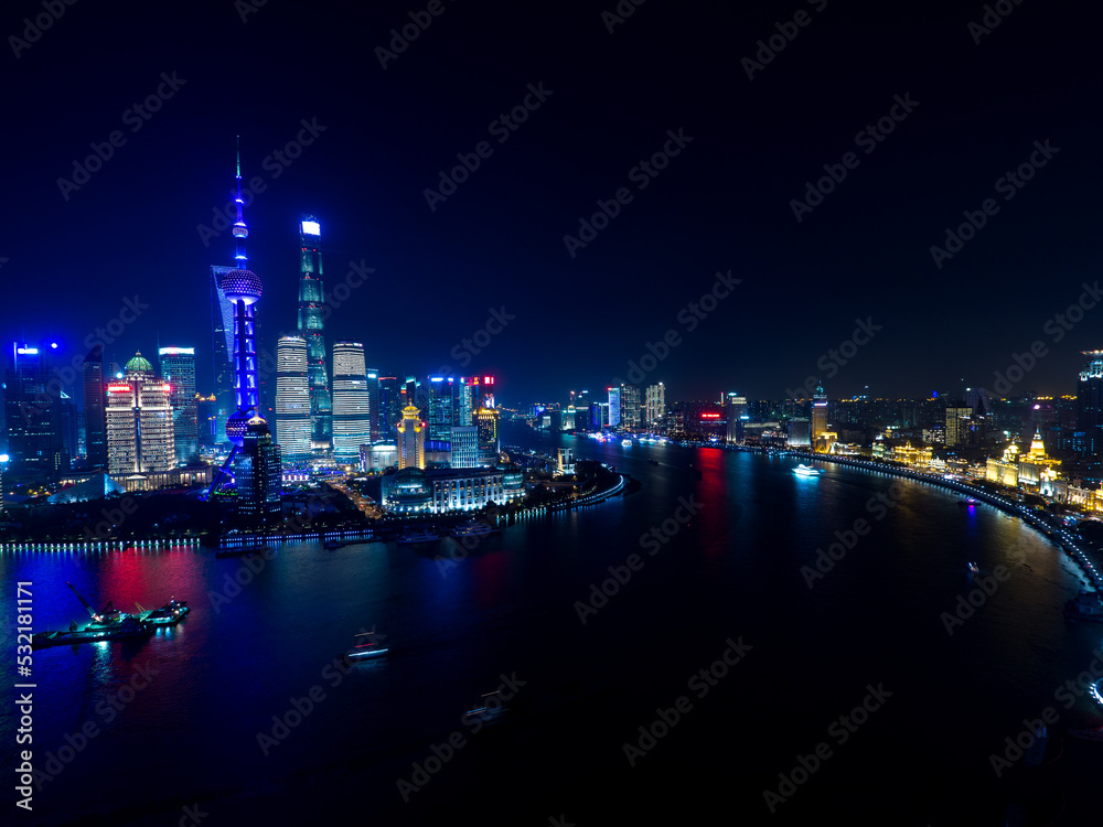 Nightscape of Lujiazui skyline from the Bund, Shanghai, China.