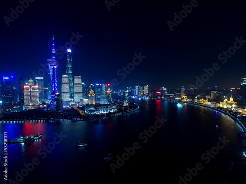 Nightscape of Lujiazui skyline from the Bund, Shanghai, China.