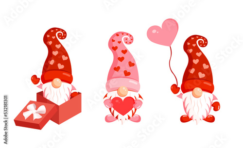 Three pretty gnome on Valentine's Day. Vector romantic illustration of nordic elves.