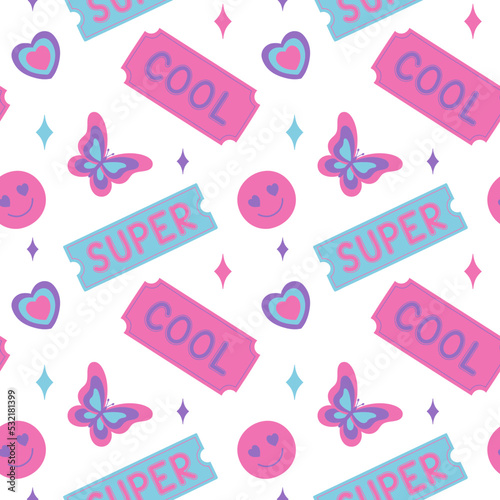 Girly pattern with cool cute stickers in y2k style. Vector illustration.