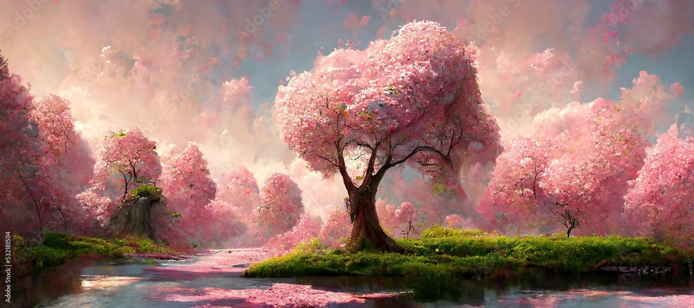 Magical forest of pink cherry blossom trees, tranquil surreal fantasy with  stylized pastel background. Vibrant hues, colorful outdoor scenery -  wondrous fairy fantasia kingdom. Stock Illustration | Adobe Stock