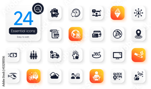 Set of Business flat icons. Prohibit food, Networking and Voice wave elements for web application. Location, Video conference, Payment card icons. People communication, Idea. Vector