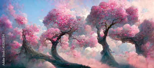 Print op canvas Magical forest of pink cherry blossom trees, tranquil surreal fantasy with stylized pastel background