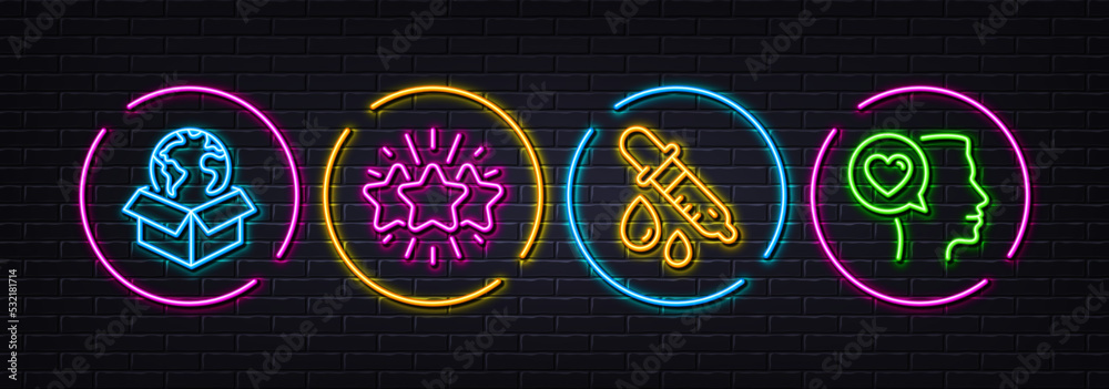 Star, Delivery service and Chemistry pipette minimal line icons. Neon laser 3d lights. Romantic talk icons. For web, application, printing. Customer feedback, International parcel, Laboratory. Vector Star, Delivery service and Chemistry pipette minimal line icons. Neon laser 3d lights. Romantic talk icons. For web, application, printing. Customer feedback, International parcel, Laboratory. Vector