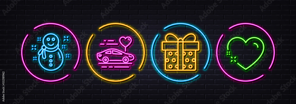 Snowman, Gift box and Honeymoon travel minimal line icons. Neon laser 3d lights. Heart icons. For web, application, printing. New year, Present package, Car trip. Love. Neon lights buttons. Vector