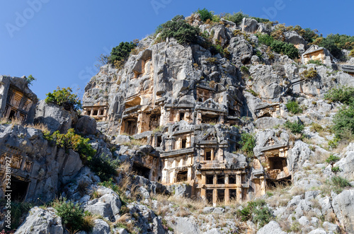 Rock-cut tombs of necropolis in the ancient lycian city of Myra. Territory of modern Demre city, Antalya province, Turkey © Arseniy