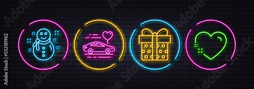 Snowman, Gift box and Honeymoon travel minimal line icons. Neon laser 3d lights. Heart icons. For web, application, printing. New year, Present package, Car trip. Love. Neon lights buttons. Vector