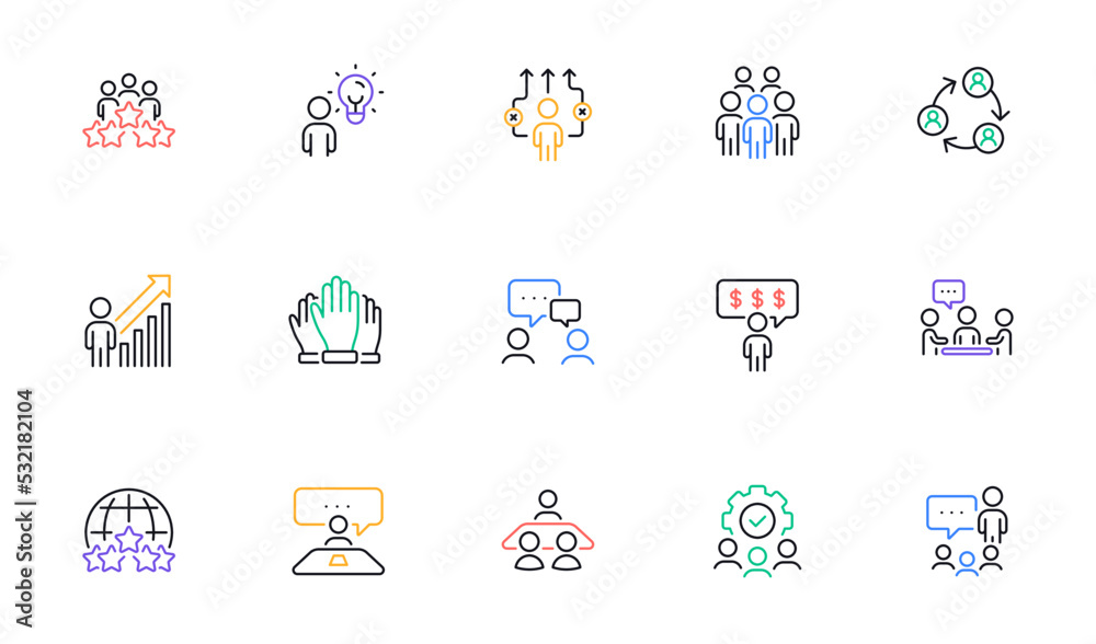 Business people line icons set. Meeting, job structure, team. Group people, communication, member icons. Congress, talk person, partnership. Job interview, business idea, voting. Vector Business people line icons set. Meeting, job structure, team. Group people, communication, member icons. Congress, talk person, partnership. Job interview, business idea, voting. Vector