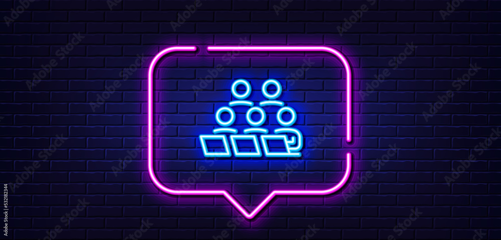 Neon light speech bubble. Teamwork line icon. Remote office sign. Team employees symbol. Neon light background. Teamwork glow line. Brick wall banner. Vector Neon light speech bubble. Teamwork line icon. Remote office sign. Team employees symbol. Neon light background. Teamwork glow line. Brick wall banner. Vector
