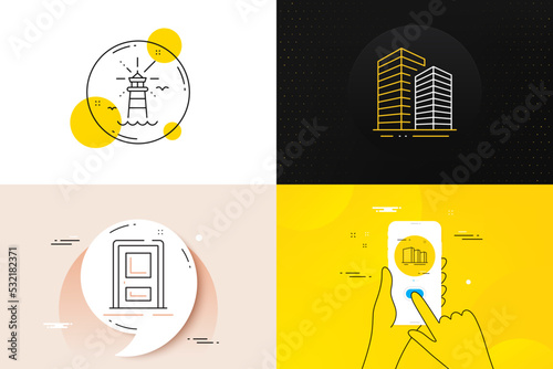 Minimal set of Entrance, Buildings and Lighthouse line icons. Phone screen, Quote banners. Skyscraper buildings icons. For web development. Door, City architecture, Navigation beacon. Vector