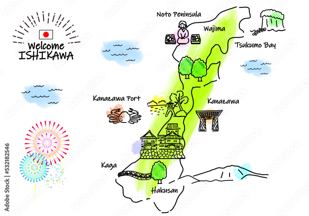 Obraz premium 石川県の観光地の街並みと人々のシンプル線画イラスト