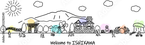 石川県の観光地の街並みと人々のシンプル線画イラスト