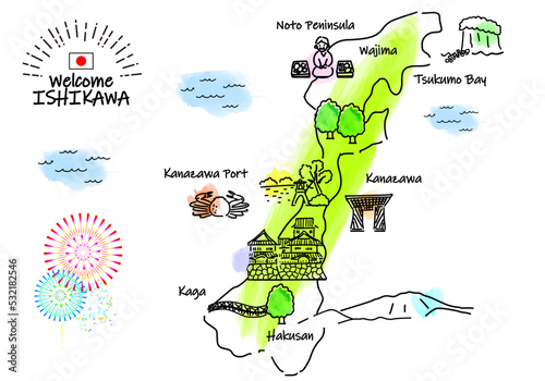 石川県の観光地の街並みと人々のシンプル線画イラスト