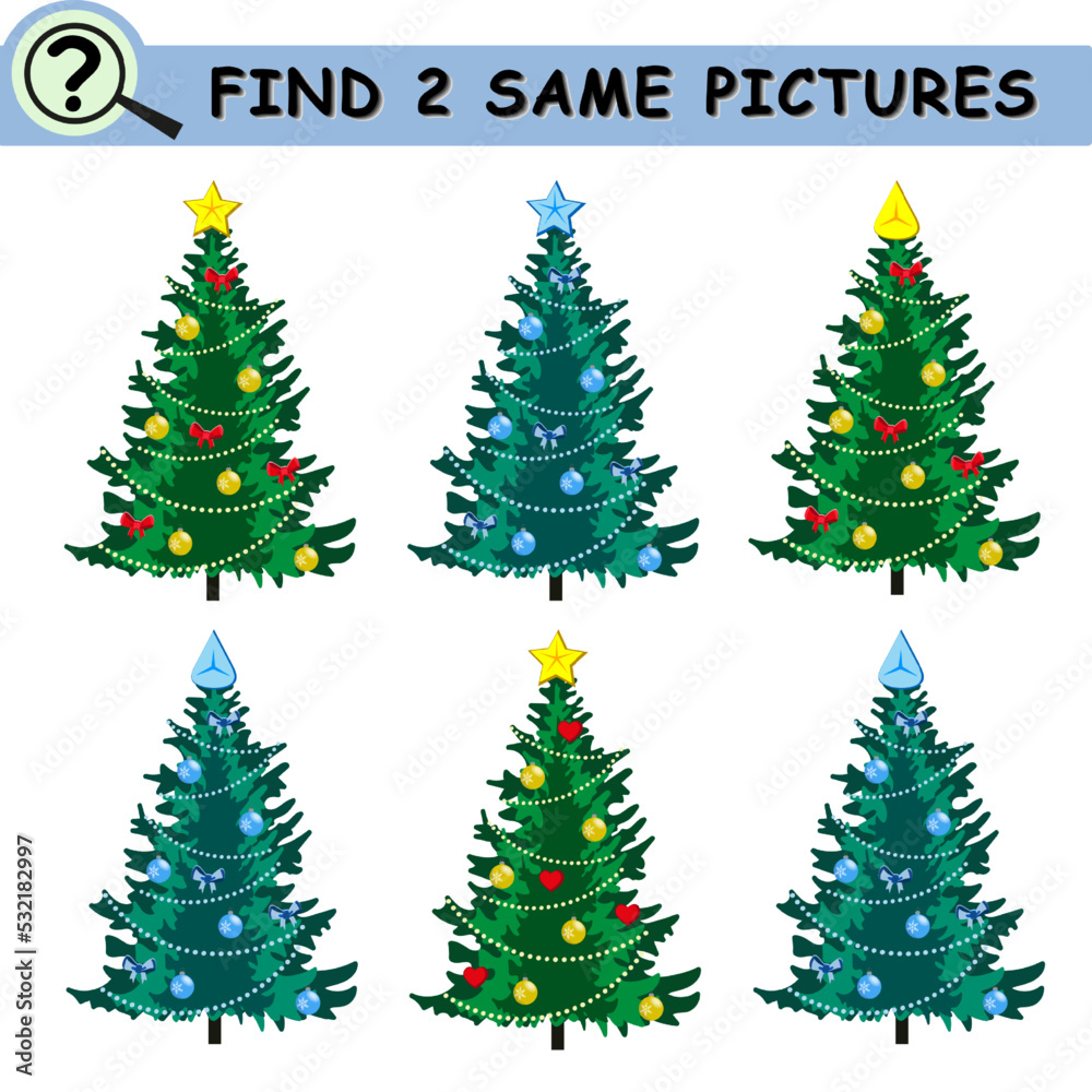 Find same pictures with cartoon christmas tree. Christmas balls, decorations, stars. Educational logical game for children. Vector illustration.