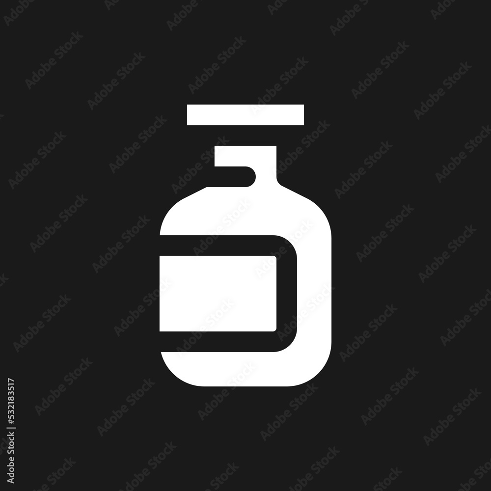Medication bottle dark mode glyph ui icon. Drug package. Liquid remedy. User interface design. White silhouette symbol on black space. Solid pictogram for web, mobile. Vector isolated illustration
