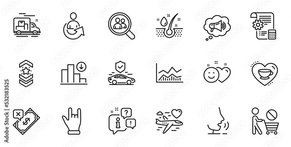 Outline set of Rejected payment, Settings blueprint and Stop shopping line icons for web application. Talk, information, delivery truck outline icon. Vector