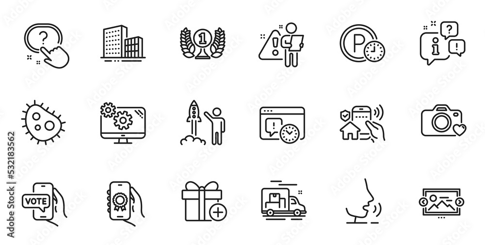 Outline set of Launch project, Question button and Bacteria line icons for web application. Talk, information, delivery truck outline icon. Include Online voting, Buildings, Settings icons. Vector Outline set of Launch project, Question button and Bacteria line icons for web application. Talk, information, delivery truck outline icon. Include Online voting, Buildings, Settings icons. Vector
