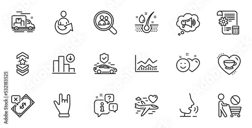 Outline set of Rejected payment, Settings blueprint and Stop shopping line icons for web application. Talk, information, delivery truck outline icon. Vector