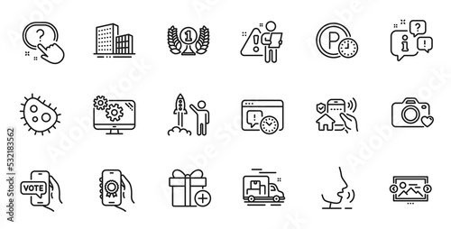 Outline set of Launch project, Question button and Bacteria line icons for web application. Talk, information, delivery truck outline icon. Include Online voting, Buildings, Settings icons. Vector