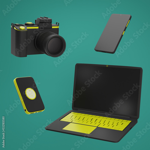 Gadgets on a green background: laptop, phone, power bank and camera. 3d illustration
