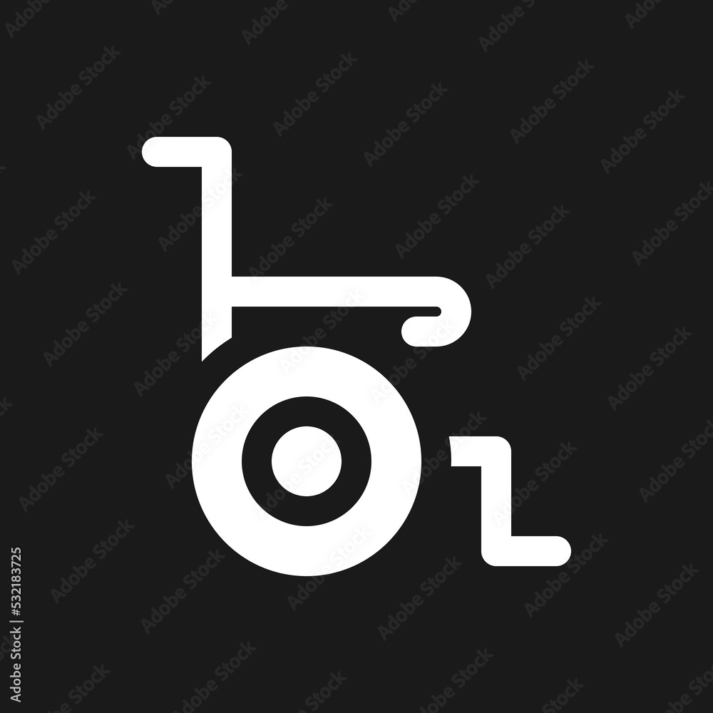 Wheelchair dark mode glyph ui icon. Medical equipment. Disability. User interface design. White silhouette symbol on black space. Solid pictogram for web, mobile. Vector isolated illustration Wheelchair dark mode glyph ui icon. Medical equipment. Disability. User interface design. White silhouette symbol on black space. Solid pictogram for web, mobile. Vector isolated illustration