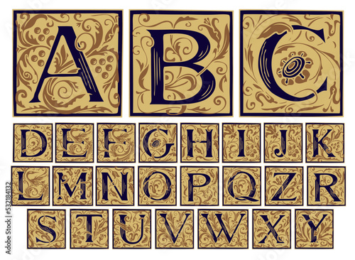 Vintage Alphabet, vector set of hand-drawn ornate initial alphabet letters on a light background. Luxury design of Beautiful royal font for card, invitation, monogram, label, logo