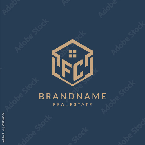 Initial letter FC hexagonal house roof shape icon logo design