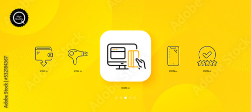 Rating stars, Online payment and Hair dryer minimal line icons. Yellow abstract background. Smartphone, Wallet icons. For web, application, printing. Verified rank, Money, Hairdryer. Phone. Vector