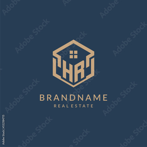 Initial letter HR hexagonal house roof shape icon logo design