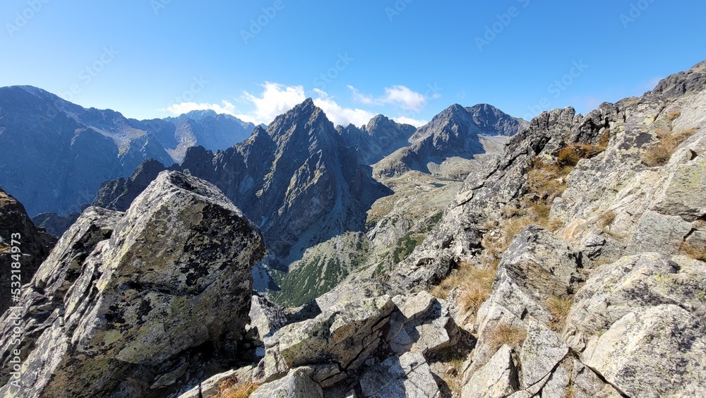 Panorama from Lomnickie Sedlo in High Tatras in Slovakia. Tatra National Park. Mountain view. Sunny day in mountains