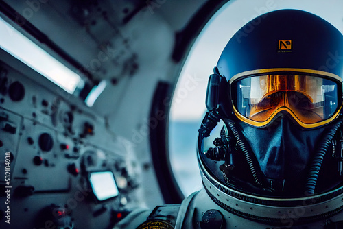 Pilot in flight. Pilot Wearing Mask And Helmet In Cockpit Of Fighter Jet. 3d illustration  © Viks_jin