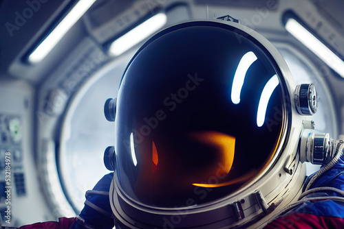 A close up realistic image of an astronaut and helmet on a spaceship. Astronaut on a spaceship before spacewalk. Sci-fi space exploration concept. Mars mission. 3D illustration. 