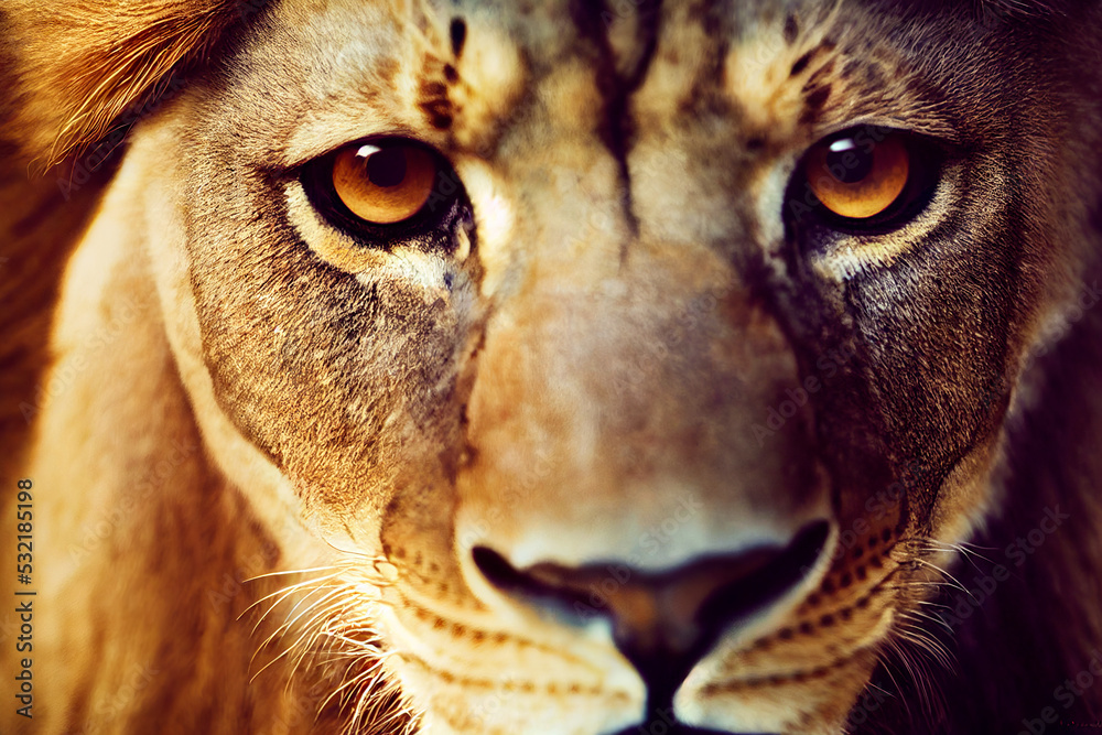 Lion face. Wild African lion looking forward. 