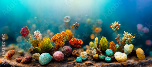 Blue aquarium background with colored stone and coral, for fish, modern 3d illustration