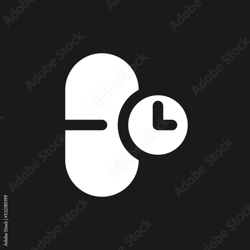 Taking medicine on time dark mode glyph ui icon. Capsule dosage. User interface design. White silhouette symbol on black space. Solid pictogram for web, mobile. Vector isolated illustration