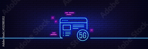 Neon light glow effect. 5g internet line icon. Wifi web browser sign. Connection quality symbol. 3d line neon glow icon. Brick wall banner. 5g internet outline. Vector