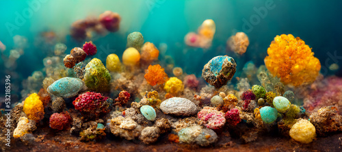 Colorful and diverse aquarium background with colored stone and coral  for fish  modern 3d illustration