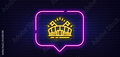 Neon light speech bubble. Sports arena line icon. Stadium with flags sign. Sport complex symbol. Neon light background. Sports arena glow line. Brick wall banner. Vector