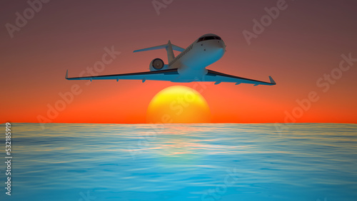 flying private jet over the sea at sunset