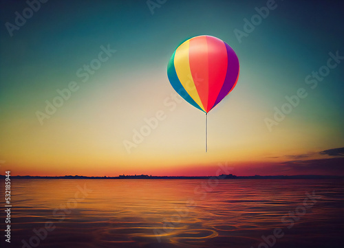 Balloon or hot air balloon in the sky with rainbow stripes