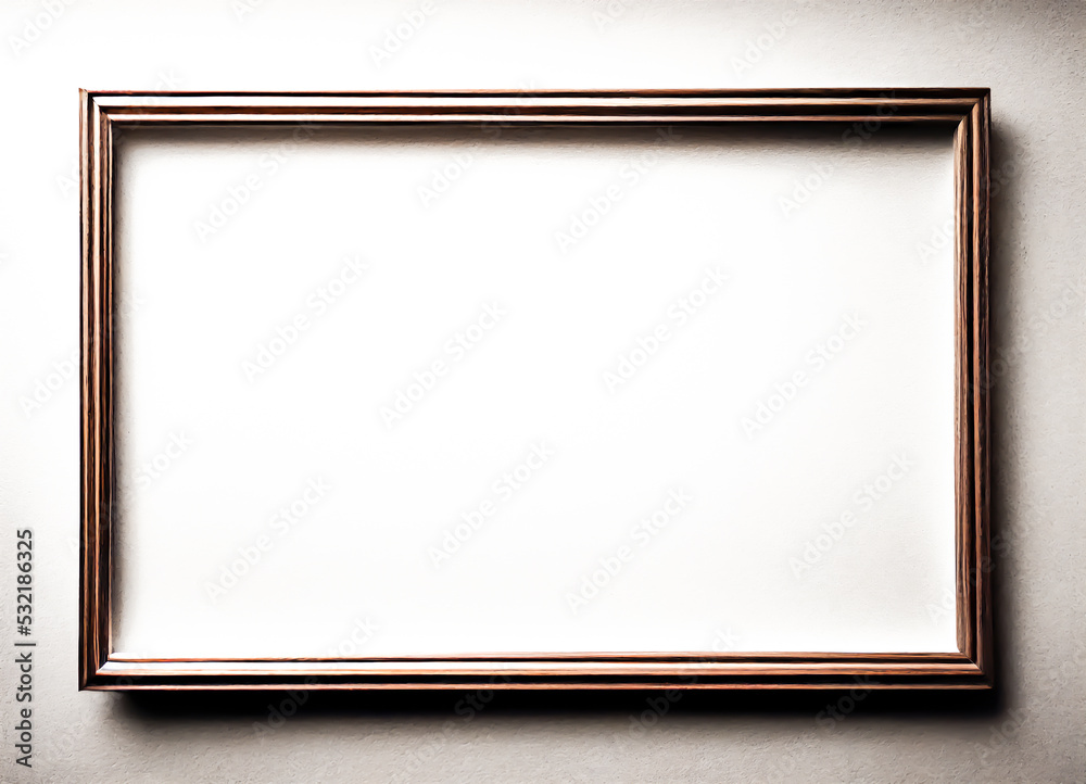 Simple wooden empty decorative frame, hanging on a wall, for design and mockup of painting gallery or art photography exhibition Simple wooden empty decorative frame, hanging on a wall, for design and mockup of painting gallery or art photography exhibition