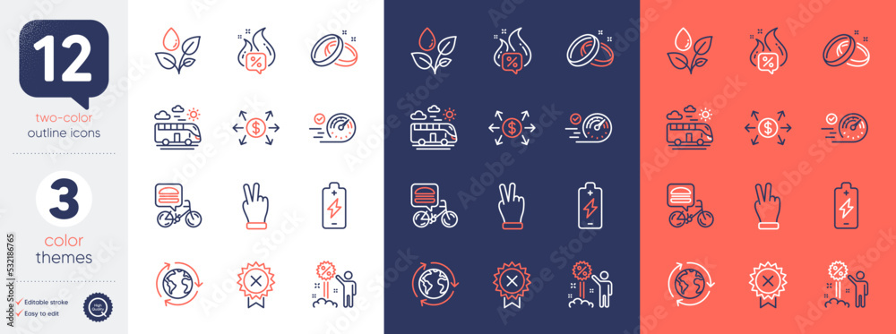 Set of Outsourcing, Battery charging and Speedometer line icons. Include Bus travel, Food delivery, Reject medal icons. Dollar exchange, Discount, Victory hand web elements. Vector Set of Outsourcing, Battery charging and Speedometer line icons. Include Bus travel, Food delivery, Reject medal icons. Dollar exchange, Discount, Victory hand web elements. Vector