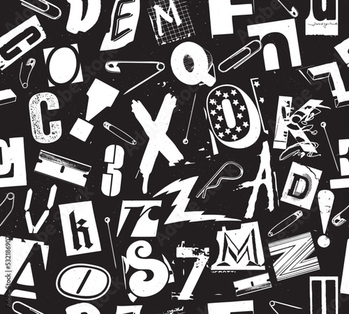 Punk seamless vector pattern alphabet typography composition with pins and clips in the style of grunge and punk design in black and white.