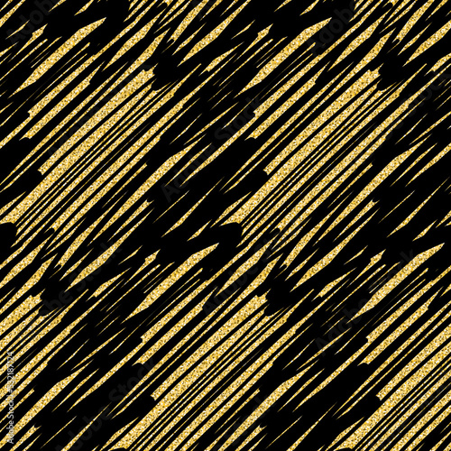 Abstract sparkling seamless background with gold stripes, black and gold shading, shimmer glowing background