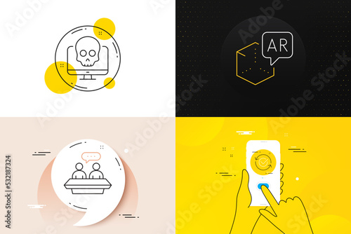 Minimal set of Cyber attack, Augmented reality and Approved line icons. Phone screen, Quote banners. Employees talk icons. For web development. Vector