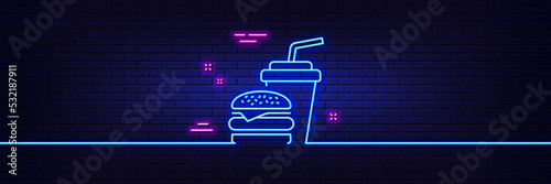 Neon light glow effect. Hamburger with drink line icon. Fast food restaurant sign. Hamburger or cheeseburger symbol. 3d line neon glow icon. Brick wall banner. Hamburger outline. Vector