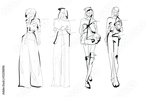 Set of young beautiful women in stylish clothes. Fashion sketch.