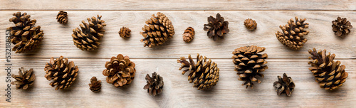 Christmas pine cones on colored paper border composition. Christmas, New Year, winter concept. Flat lay, top view, copy space © sosiukin