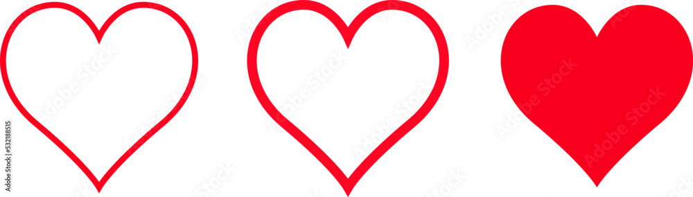 Red heart vector set. Love icons isolated on white background. Collection of flat heart symbol for love symbol, icon shape, greeting card and Valentine's day. Vector illustration, graphic design